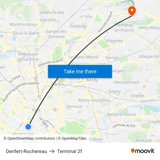 Denfert-Rochereau to Terminal 2f map