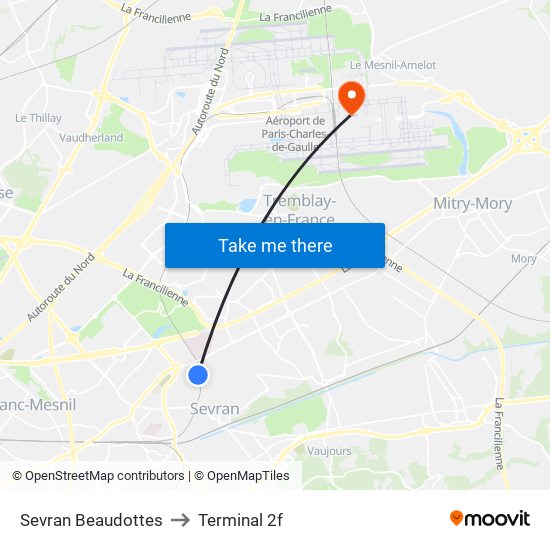 Sevran Beaudottes to Terminal 2f map