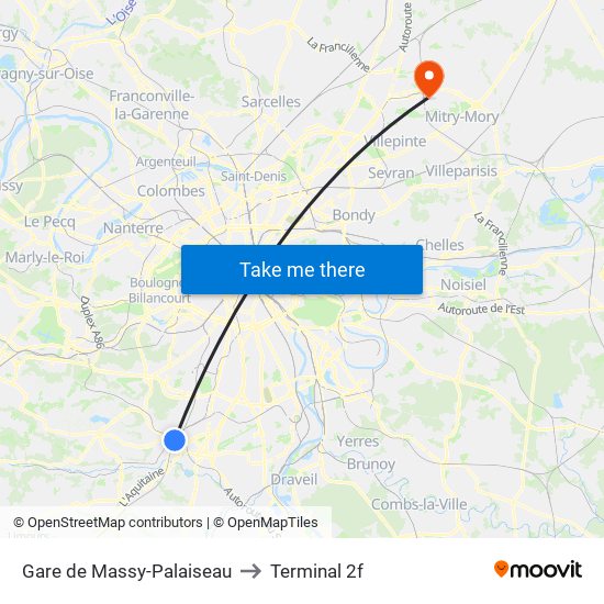 Gare de Massy-Palaiseau to Terminal 2f map