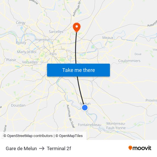 Gare de Melun to Terminal 2f map