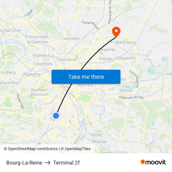 Bourg-La-Reine to Terminal 2f map