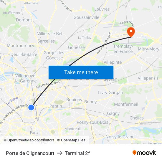 Porte de Clignancourt to Terminal 2f map