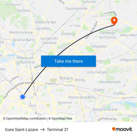 Gare Saint-Lazare to Terminal 2f map