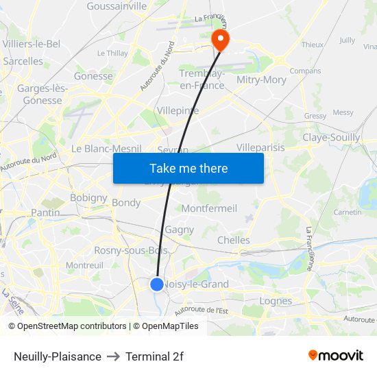 Neuilly-Plaisance to Terminal 2f map