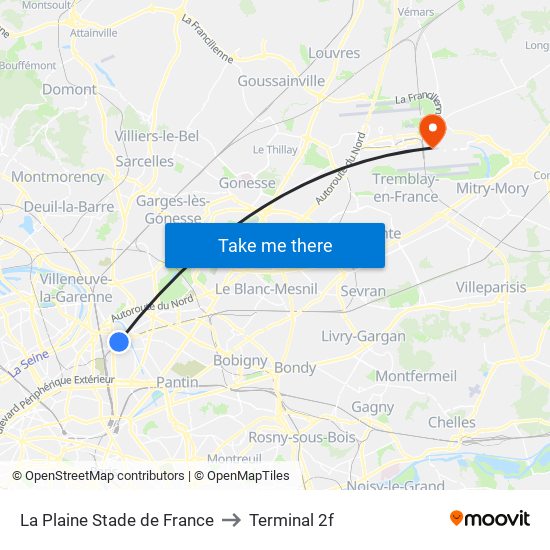 La Plaine Stade de France to Terminal 2f map