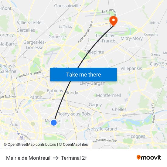 Mairie de Montreuil to Terminal 2f map