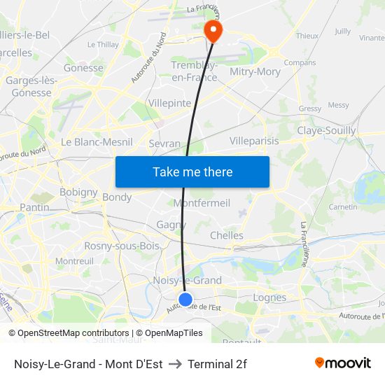 Noisy-Le-Grand - Mont D'Est to Terminal 2f map