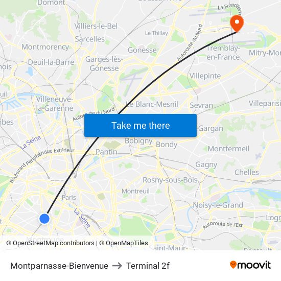 Montparnasse-Bienvenue to Terminal 2f map