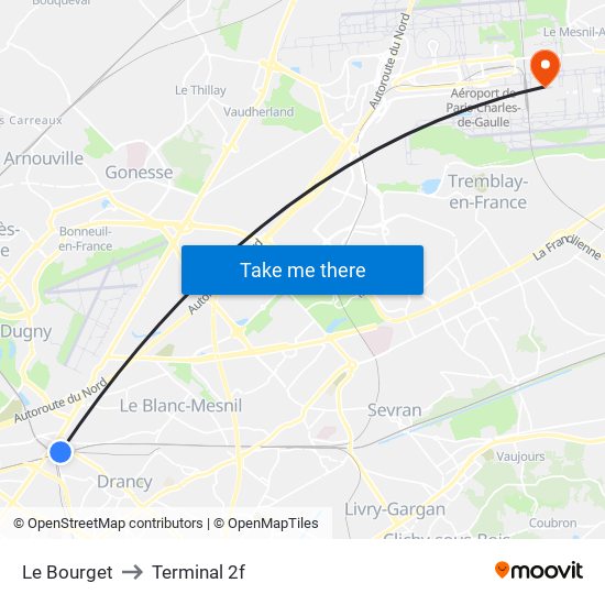 Le Bourget to Terminal 2f map