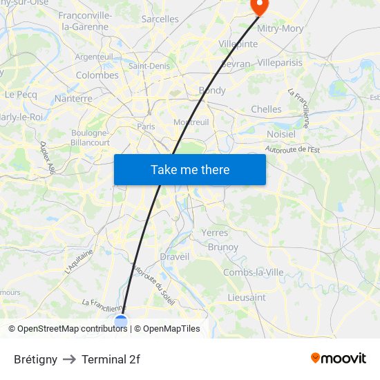 Brétigny to Terminal 2f map