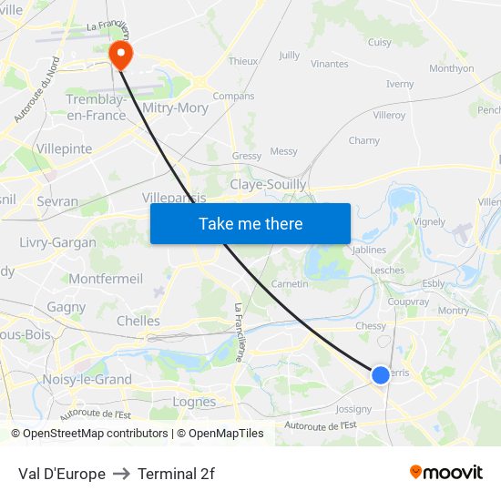 Val D'Europe to Terminal 2f map