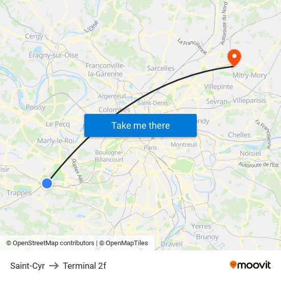 Saint-Cyr to Terminal 2f map
