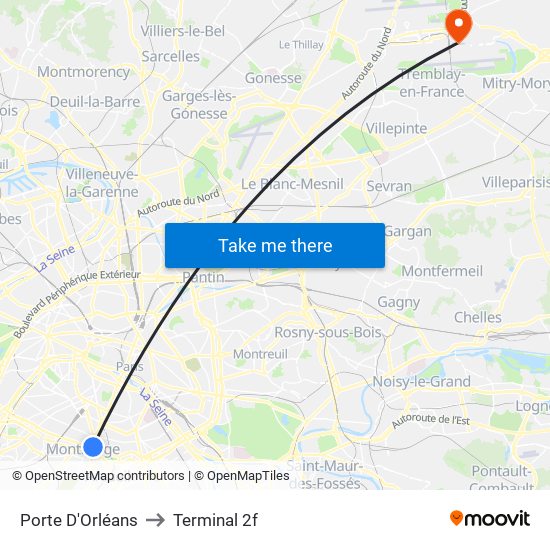 Porte D'Orléans to Terminal 2f map
