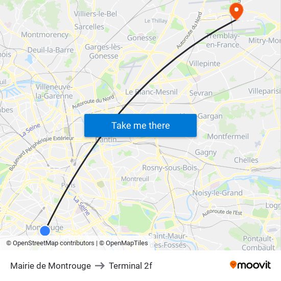 Mairie de Montrouge to Terminal 2f map