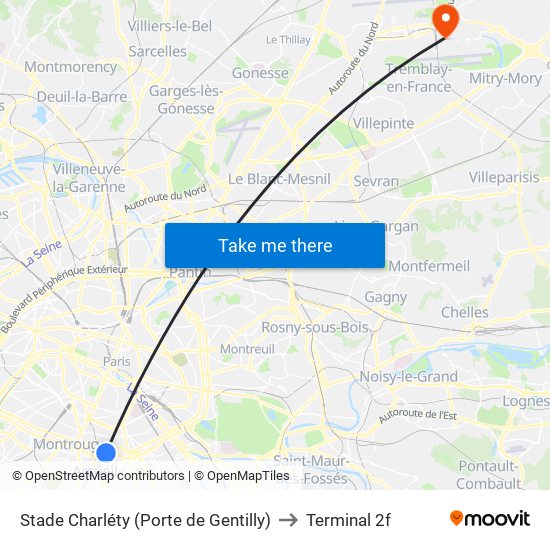 Stade Charléty (Porte de Gentilly) to Terminal 2f map