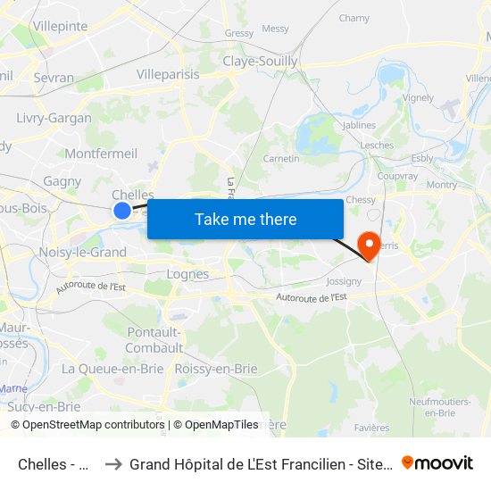 Chelles - Gournay to Grand Hôpital de L'Est Francilien - Site de Marne-La-Vallée map