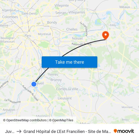 Juvisy to Grand Hôpital de L'Est Francilien - Site de Marne-La-Vallée map