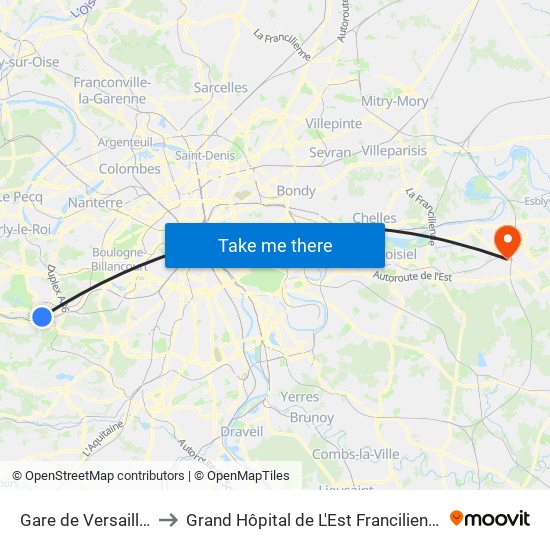 Gare de Versailles - Chantiers to Grand Hôpital de L'Est Francilien - Site de Marne-La-Vallée map