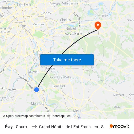 Évry - Courcouronnes to Grand Hôpital de L'Est Francilien - Site de Marne-La-Vallée map