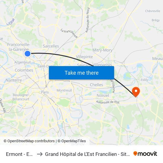 Ermont - Eaubonne to Grand Hôpital de L'Est Francilien - Site de Marne-La-Vallée map