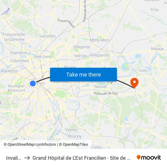 Invalides to Grand Hôpital de L'Est Francilien - Site de Marne-La-Vallée map