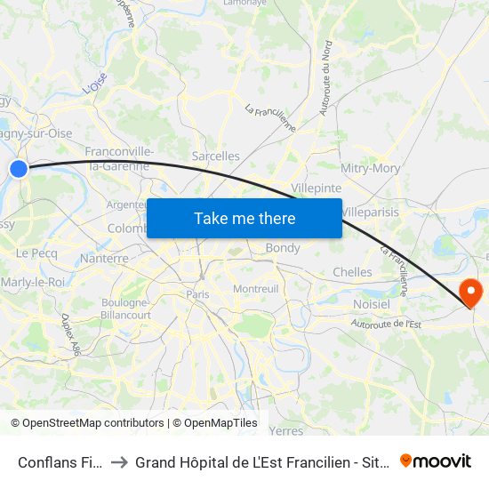 Conflans Fin D'Oise to Grand Hôpital de L'Est Francilien - Site de Marne-La-Vallée map