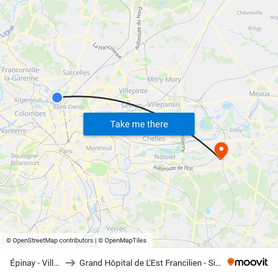 Épinay - Villetaneuse to Grand Hôpital de L'Est Francilien - Site de Marne-La-Vallée map