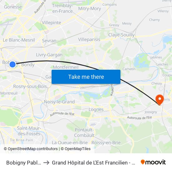 Bobigny Pablo Picasso to Grand Hôpital de L'Est Francilien - Site de Marne-La-Vallée map