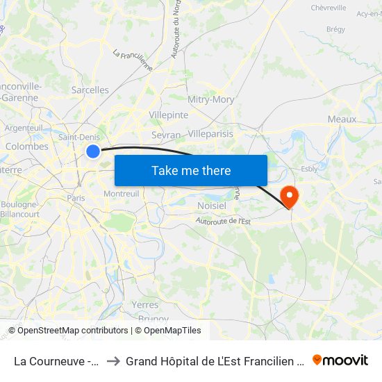 La Courneuve - Aubervilliers to Grand Hôpital de L'Est Francilien - Site de Marne-La-Vallée map
