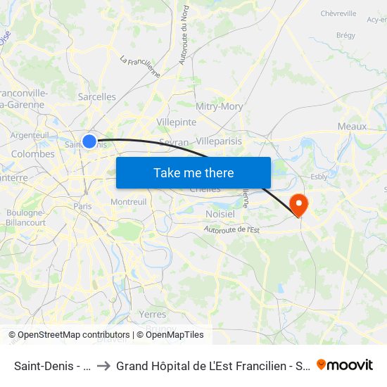 Saint-Denis - Université to Grand Hôpital de L'Est Francilien - Site de Marne-La-Vallée map