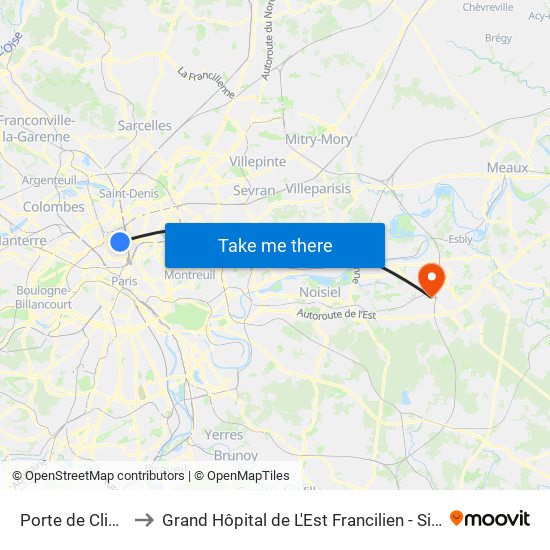 Porte de Clignancourt to Grand Hôpital de L'Est Francilien - Site de Marne-La-Vallée map