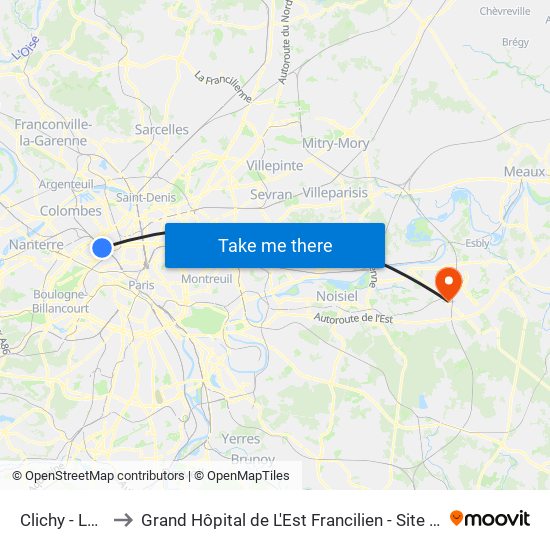 Clichy - Levallois to Grand Hôpital de L'Est Francilien - Site de Marne-La-Vallée map