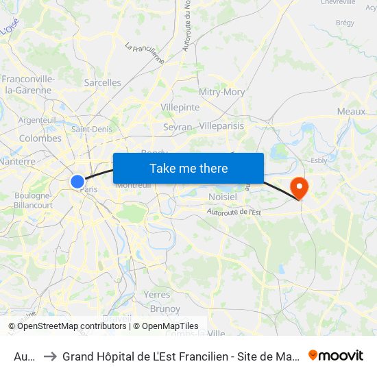 Auber to Grand Hôpital de L'Est Francilien - Site de Marne-La-Vallée map