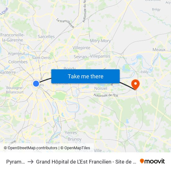 Pyramides to Grand Hôpital de L'Est Francilien - Site de Marne-La-Vallée map
