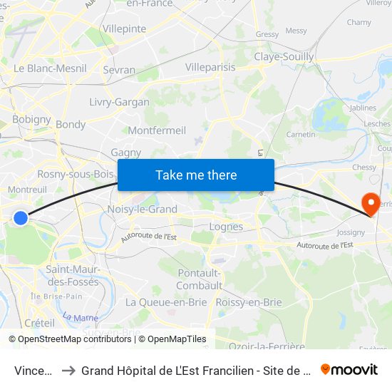 Vincennes to Grand Hôpital de L'Est Francilien - Site de Marne-La-Vallée map