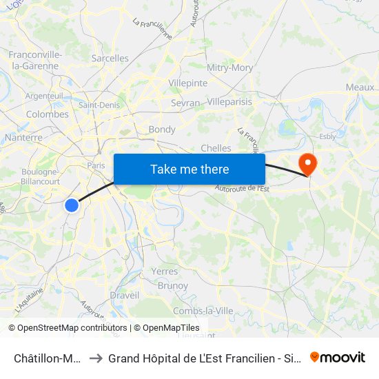 Châtillon-Montrouge to Grand Hôpital de L'Est Francilien - Site de Marne-La-Vallée map