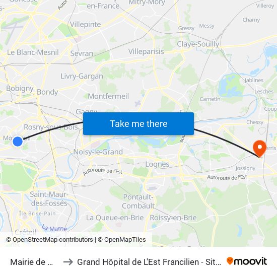 Mairie de Montreuil to Grand Hôpital de L'Est Francilien - Site de Marne-La-Vallée map
