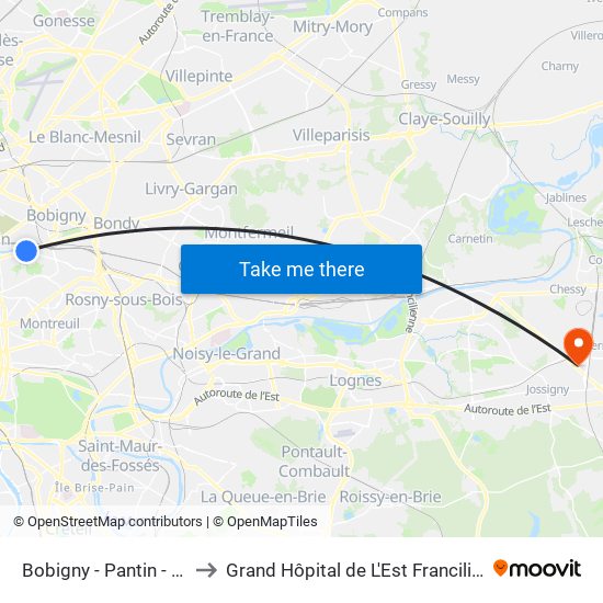 Bobigny - Pantin - Raymond Queneau to Grand Hôpital de L'Est Francilien - Site de Marne-La-Vallée map
