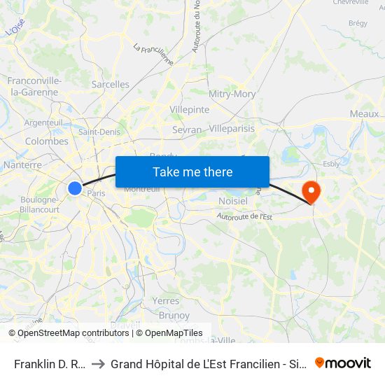 Franklin D. Roosevelt to Grand Hôpital de L'Est Francilien - Site de Marne-La-Vallée map