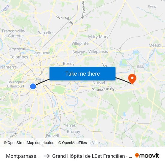 Montparnasse-Bienvenue to Grand Hôpital de L'Est Francilien - Site de Marne-La-Vallée map