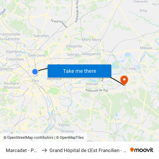Marcadet - Poissonniers to Grand Hôpital de L'Est Francilien - Site de Marne-La-Vallée map
