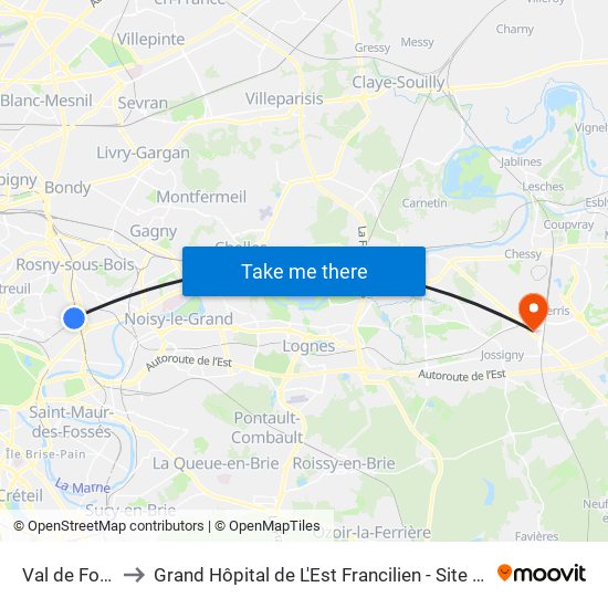 Val de Fontenay to Grand Hôpital de L'Est Francilien - Site de Marne-La-Vallée map