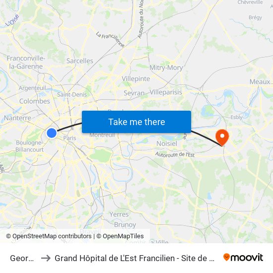 George V to Grand Hôpital de L'Est Francilien - Site de Marne-La-Vallée map