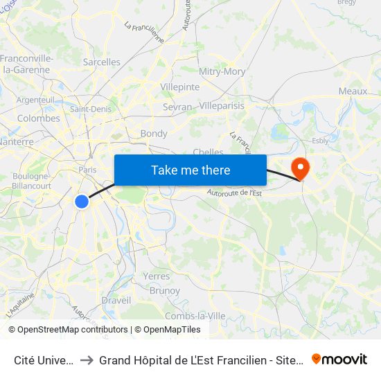 Cité Universitaire to Grand Hôpital de L'Est Francilien - Site de Marne-La-Vallée map