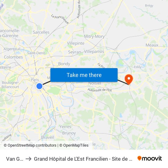 Van Gogh to Grand Hôpital de L'Est Francilien - Site de Marne-La-Vallée map