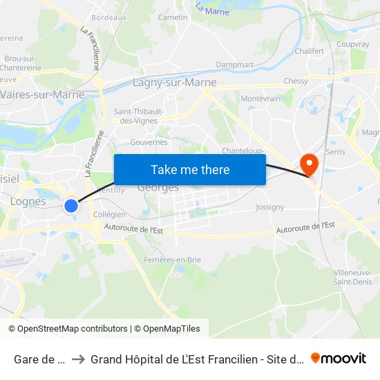 Gare de Torcy to Grand Hôpital de L'Est Francilien - Site de Marne-La-Vallée map