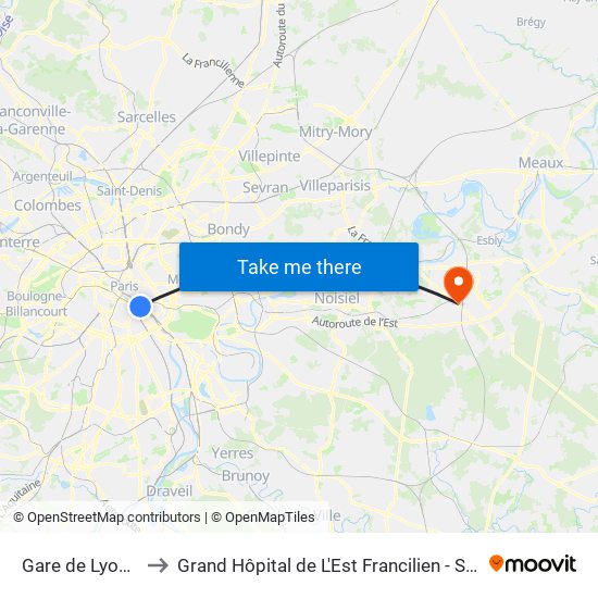 Gare de Lyon - Diderot to Grand Hôpital de L'Est Francilien - Site de Marne-La-Vallée map