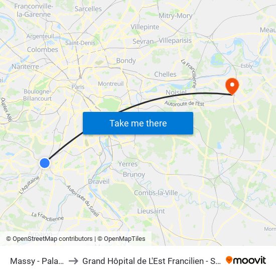 Massy - Palaiseau RER to Grand Hôpital de L'Est Francilien - Site de Marne-La-Vallée map