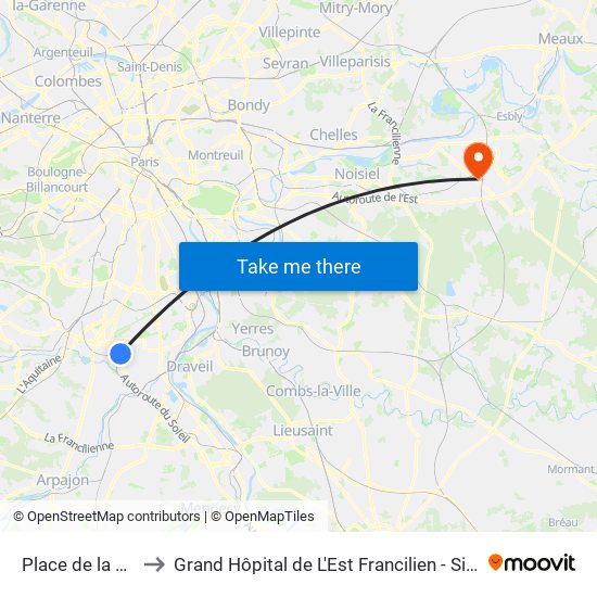 Place de la Libération to Grand Hôpital de L'Est Francilien - Site de Marne-La-Vallée map