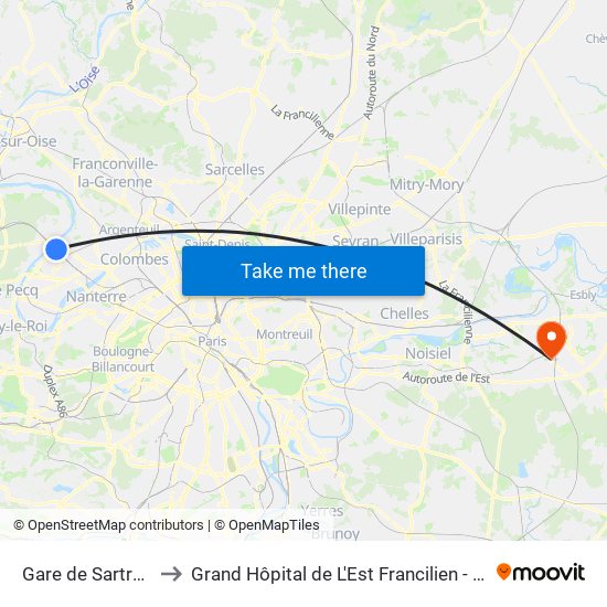 Gare de Sartrouville - RER to Grand Hôpital de L'Est Francilien - Site de Marne-La-Vallée map